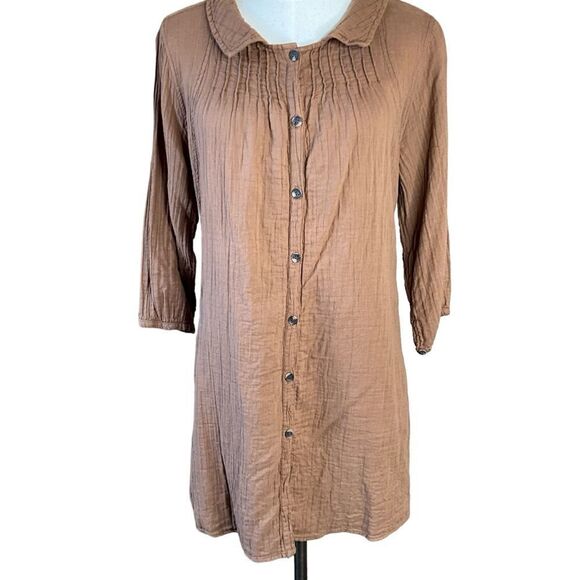 Woman's Brown Button Front Dress Size M Peter Pan Collar 3/4 Sleeves - Picture 1 of 14